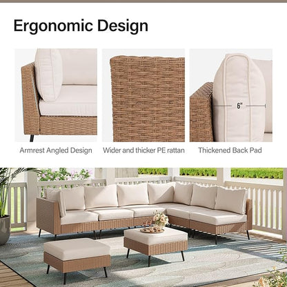 LAUSAINT HOME 9 Pieces Outdoor Patio Furniture Set with 43" Propane Gas Fire Pit Table, Outdoor Sectional Sofa PE Rattan Wicker Patio Conversation Sets with Thick Cushions(Beige