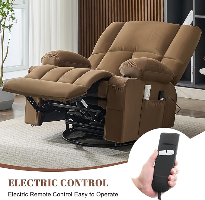 Swivel Rocker Chair with Heat and Massage, 270° Power Recliner Chairs for Adults, USB and Type-C Ports, Oversized Recliner Single Sofa, Electric Glider Chair(Brown)