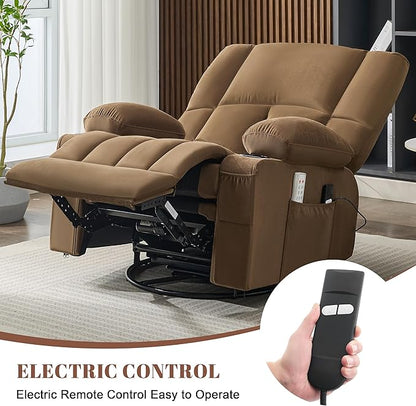 Swivel Rocker Chair with Heat and Massage, 270° Power Recliner Chairs for Adults, USB and Type-C Ports, Oversized Recliner Single Sofa, Electric Glider Chair(Brown)