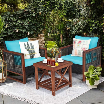 COSTWAY 3 Pieces Wicker Patio Furniture Set, Outdoor Wicker Sofa with Acacia Wood Frame, Coffee Table & Washable Cushions, Rattan Conversation Sets for Yard, Porch, Bistro Balcony Backyard, Turquoise