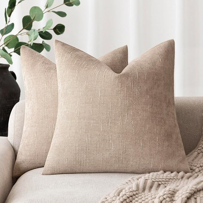 Foindtower Set of 2 Soft Textured Chenille Throw Decorative Pillow Covers Square Accent Solid Cushion Cover Cozy Neutral Farmhouse Pillow Case for Couch Sofa Bedroom Living Room 16x16 Inch,Cream Camel