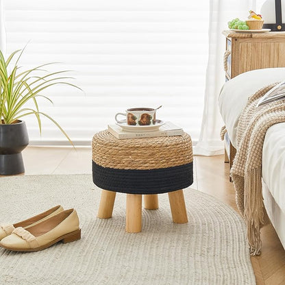 Round Ottoman Natural Seagrass Footstool, Foot Stool with 4 Wood Legs, Hand Woven Round Footstool, Sofa Stool, Multifunctional Modern Dressing Stool, Sofa Side Table for Bedroom (Black)