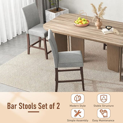 COSTWAY Counter Height Bar Stools Set of 2, 24'' Upholstered Mid Century Modern Island Chairs with Rubber Wood Legs, Wooden Barstools for Kitchen, Dining Room, Bar, Restaurant (Light Grey)
