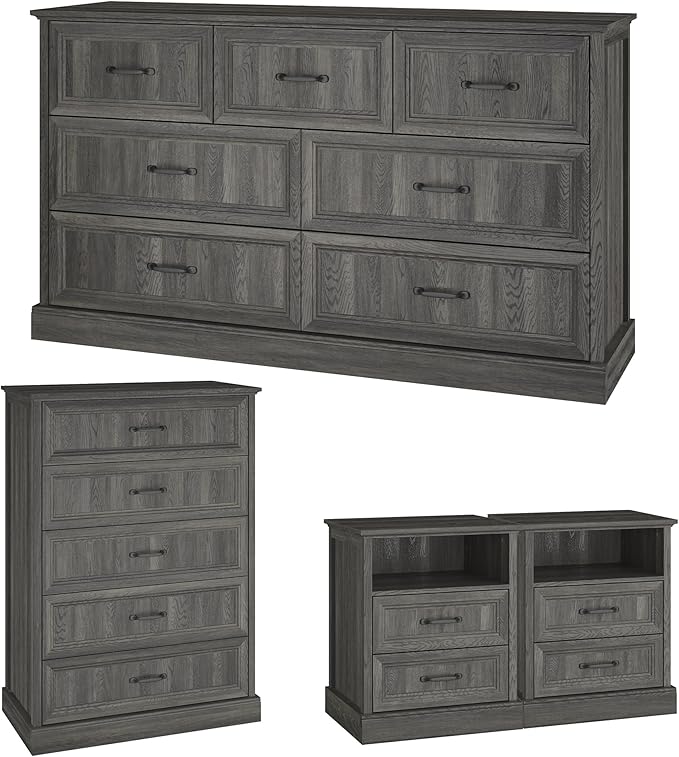 Farmhouse Dresser and Nightstand Sets, 4Pcs Bedroom Furniture Set, Nightstand Set of 2 & 55" Wide 7 Drawer and 44" Tall 5 Drawer Dresser with Large Drawers & Bar Handles, Grey