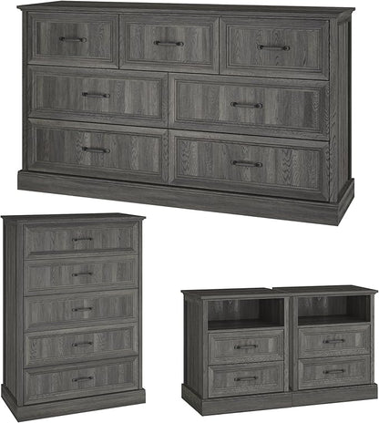 Farmhouse Dresser and Nightstand Sets, 4Pcs Bedroom Furniture Set, Nightstand Set of 2 & 55" Wide 7 Drawer and 44" Tall 5 Drawer Dresser with Large Drawers & Bar Handles, Grey