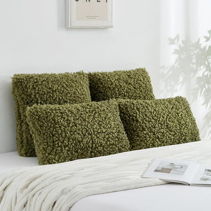 FUTEI Olive Green Decorative Throw Pillow Covers 20x20 Inch Set of 2,Soft Fluffy Faux Wool Fur Boucle Textured Cushion Case,Modern Home Decor for Couch Bed Living Room Office