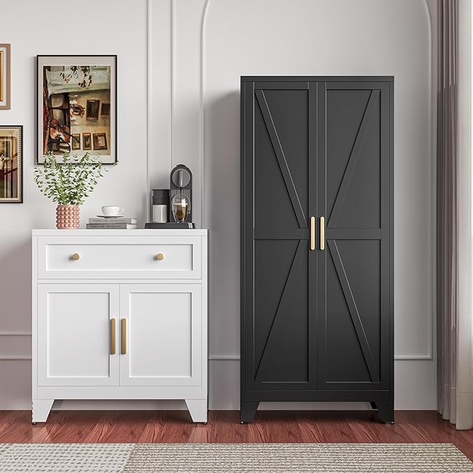 Large Metal Kitchen Pantry Cabinet with Adjustable Shelves - Freestanding Kitchen Storage Cabinet for Dining Room,Livingroom Bathroom, Hallway, Workshop, Office (Black, 61"- 0 Drawer)