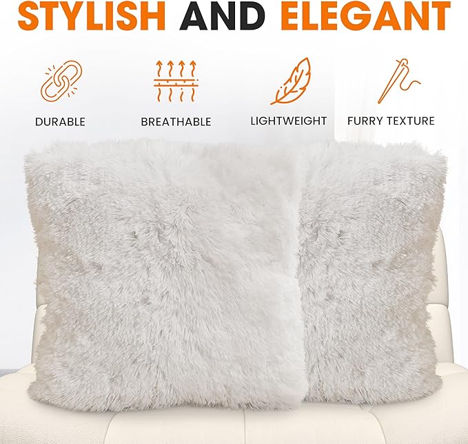 Cheer Collection Throw Pillows for Couch and Bed, Soft Shaggy Throw Pillows with Inserts Included, Cozy Long Hair Faux Fur Pillows - Set of 2-18" x 18" - White