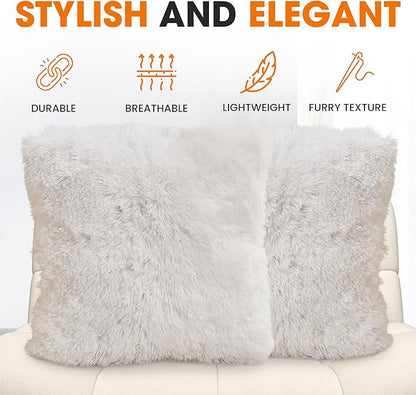 Cheer Collection Throw Pillows for Couch and Bed, Soft Shaggy Throw Pillows with Inserts Included, Cozy Long Hair Faux Fur Pillows - Set of 2-20" x 20" - White