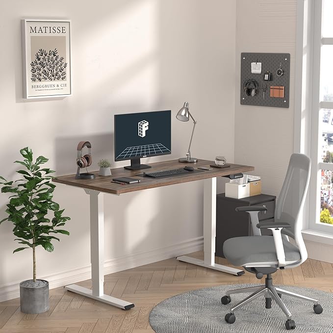 FLEXISPOT E6 3 Stages Dual Motor Electric Standing Desk 55x28 Inch Whole-Piece Board Height Adjustable Electric Sit Stand Desk(White Frame + Brown Wood Grain Desktop, 2 Packages)