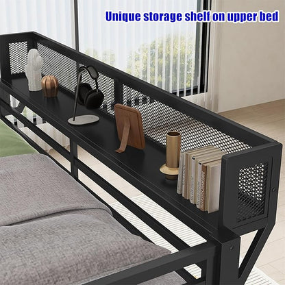 Higher Quality & Stronger Heavy Duty Industrial Style Metal Queen Over Queen Bunk Bed, Thickened More Stable Black Steel Bunkbed Bunk Queen Bed (Easier to Assemble)