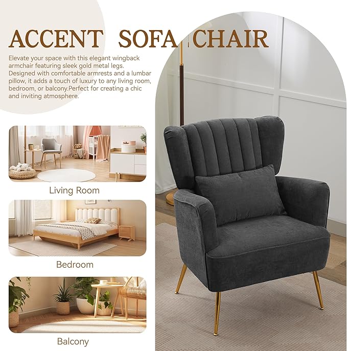 Living Room Chairs Chenille Accent Armchair with Lumbar Pillow&Gold Leg, 8.5" Thick Cushion, Mid Century Modern High Wingback Bedroom Chairs Upholstered Comfy Sofa Arm Chair, Grey