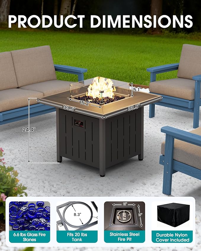SERWALL Patio Furniture Set with 33” Fire Pit Table, HDPE Outdoor Sectional Sofa Set with Thickened Cushions, Black Frame with Khaki Cushions