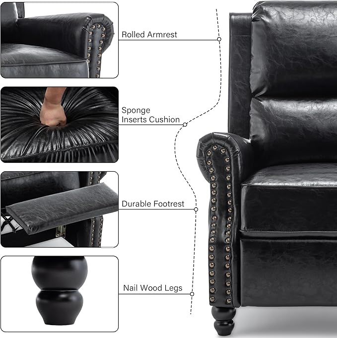 Faux Leather Recliner Chair, Modern Pushback Armchair with Adjustable Backrest & Footrest for Bedroom, Living Room (Black,Set of 1)