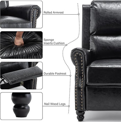 Faux Leather Recliner Chair, Modern Pushback Armchair with Adjustable Backrest & Footrest for Bedroom, Living Room (Black,Set of 1)