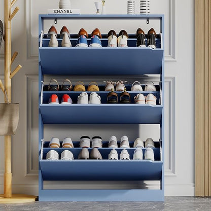 Shoe Storage Cabinet for Entryway with 3 Flip Drawers, Sturdy Wood Hidden Shoe Storage, Freestanding Narrow Slim Shoe Organizer for Front Door Entrance, Living Room, Hallway, Bedroom, Blue