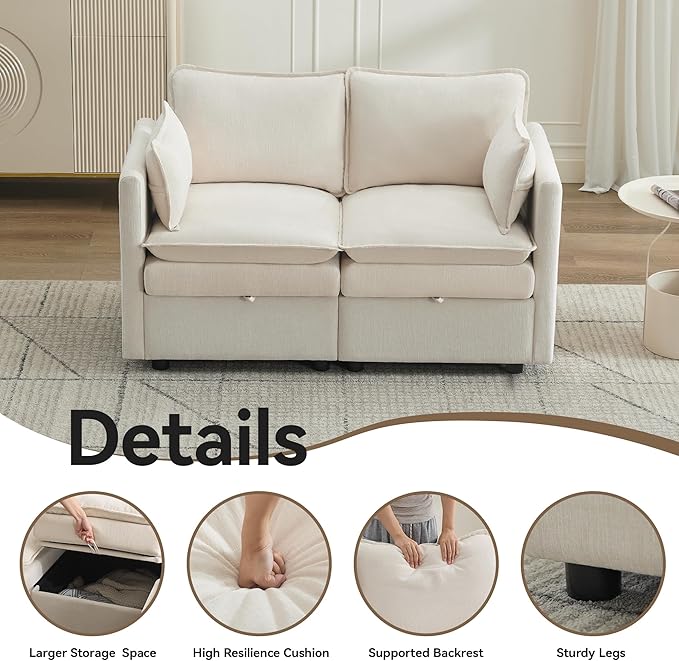 55" Cloud Modular Loveseat Sofa with Storage, Modern Upholstered Sofa Couch Small Love Seat，2 Seater Chenille Comfy Sectional Sofa with Armrests for Living Room, Small Space, Beige