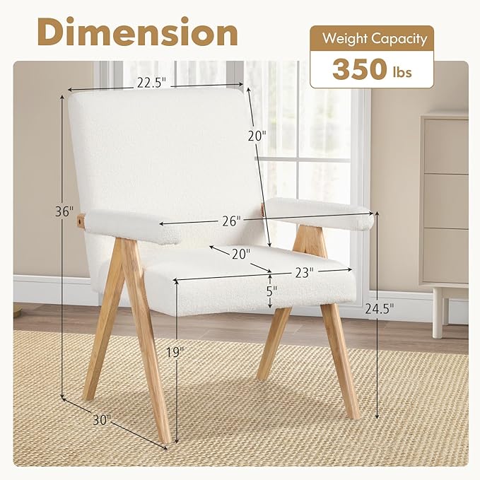 Giantex Mid-Century Modern Accent Chair, Sherpa Fabric Reading Chair with Padded Armrests, Solid Rubber Wood Frame, Upholstered Side Arm Chair for Living Room, Bedroom, Office, Beige