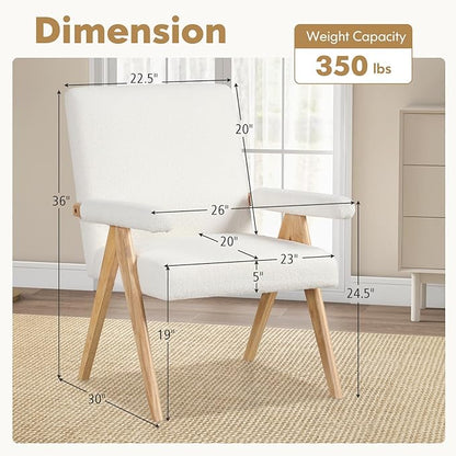 Giantex Mid-Century Modern Accent Chair, Sherpa Fabric Reading Chair with Padded Armrests, Solid Rubber Wood Frame, Upholstered Side Arm Chair for Living Room, Bedroom, Office, Beige