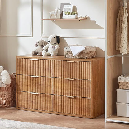 LEYAOYAO Fluted 6 Drawers Dresser Set of 2, 48" Wide Modern Chest of Drawers with Woodgrain Top, Curved Profile Design, Dresser TV Stand, Wood Drawer Organizer for Bedroom, Living Room, Hallway,Brown