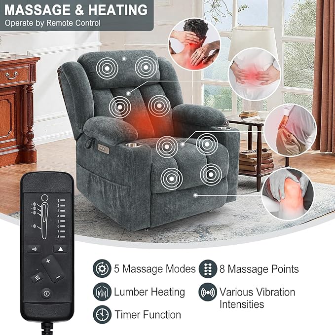 Dual Motor Power Lift Recliner Chair for Elderly, Heavy Duty Steel Chenille Fabric High-Density Sponge, USB & Type-C Port Blue Standing Assistance Reclining Chair with Massage and Heat