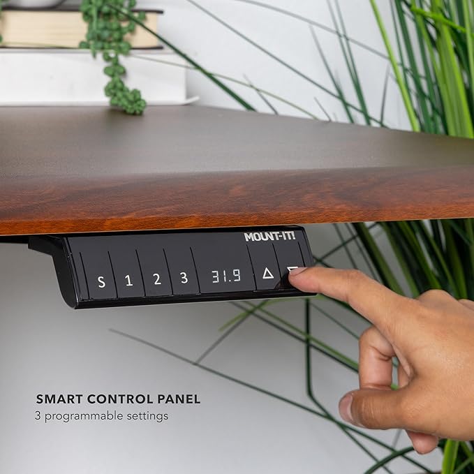 Mount-It! 60" Woodgrain Electric Standing Desk – Hazelnut Adjustable Height Sit Stand Desk with Memory Presets, Black Frame, Ergonomic Edge, One-Piece Desktop