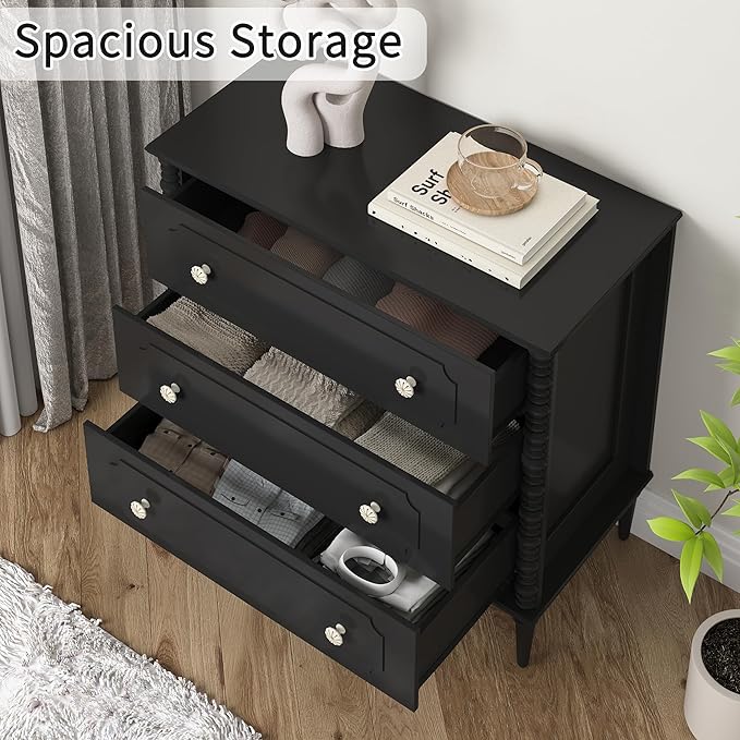 3 Drawer Dresser, 32 inch Wide Dresser for Bedroom, Modern Wood Chest of Drawers, Turned Legs Nightstand with 3 Drawers for Dorms, Hallway, Entryway (Black)