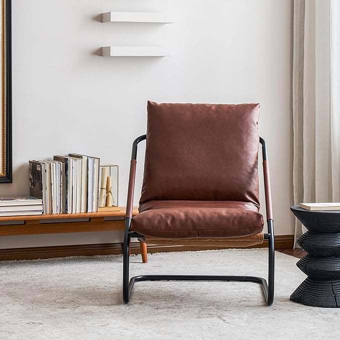 27.56-inch Wide Comfortable Living Room Armchair，Vintage-Style Lounge Chair，with deep Brown Leather Cushion and Metal Frame.