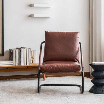 27.56-inch Wide Comfortable Living Room Armchair，Vintage-Style Lounge Chair，with deep Brown Leather Cushion and Metal Frame.