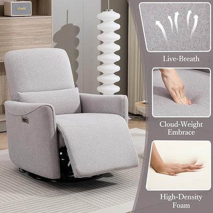 Power Swivel Recliner Chair, Upholstered Fabric Glider Electric Rocking Chair for Adults. Nursery Rocker Single Sofa with Lumbar Support for Living Room. Dual-Port Charging: Type-C&USB, Grey