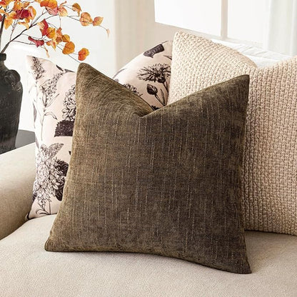 Foindtower Pack of 2 Soft Textured Chenille Throw Decorative Pillow Covers Square Accent Solid Cushion Cover Neutral Farmhouse Pillow Case for Couch Sofa Bedroom Living Room 18x18 Inch,Taupe Brown