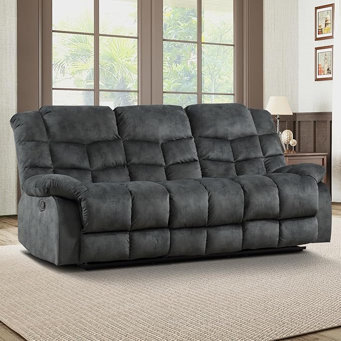 EBELLO Reclining Couch for Living Room, Extra Wide Modern Overstuffed 3 Seat Recliner Manual Sofa Breathable Fabric and Padded Cushion, Grey Green