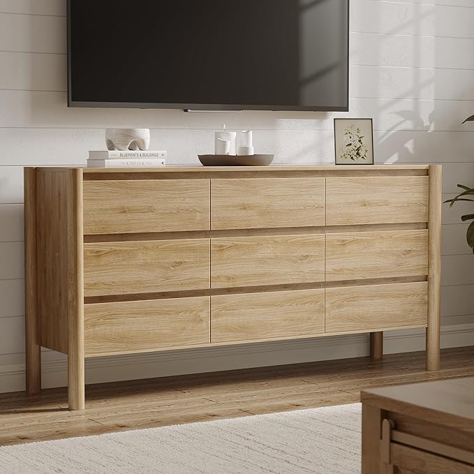 CHUWELL Dresser for Bedroom, 63" Wide Mid Century Modern Chest of Drawers with 9 Large Storage Space and 4 Solid Wood Cylindrical Legs, 9 Drawer Large Dresser for Bedroom(Oak)