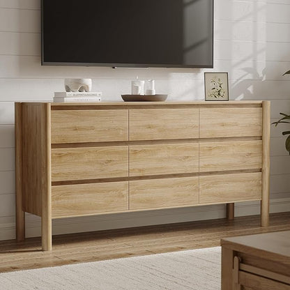 CHUWELL Dresser for Bedroom, 63" Wide Mid Century Modern Chest of Drawers with 9 Large Storage Space and 4 Solid Wood Cylindrical Legs, 9 Drawer Large Dresser for Bedroom(Oak)
