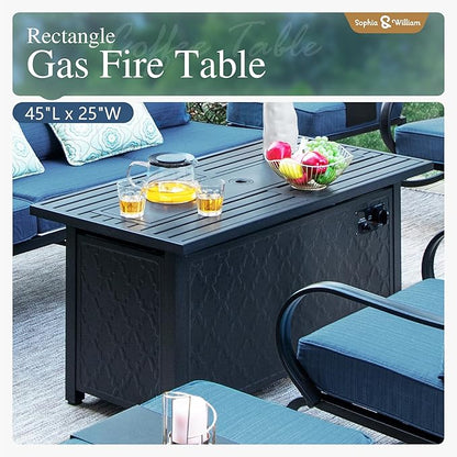 Sophia & William Patio Furniture Sets with 45" Gas Fire Pit Table for 7 Outdoor Conversation Sets 6 Pcs, 2 x Swivel Cushioned Sofa Chairs, 1x3-Seat Sofa, 2xOttomans for Backyard Poolside Peacock Blue