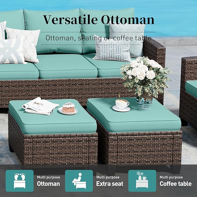 Patio Furniture Set Outdoor Furniture Brown Wicker Rattan Patio Conversation Sets with Cushion Outside Sofa Set,5 Pieces 7 Seats,Blue
