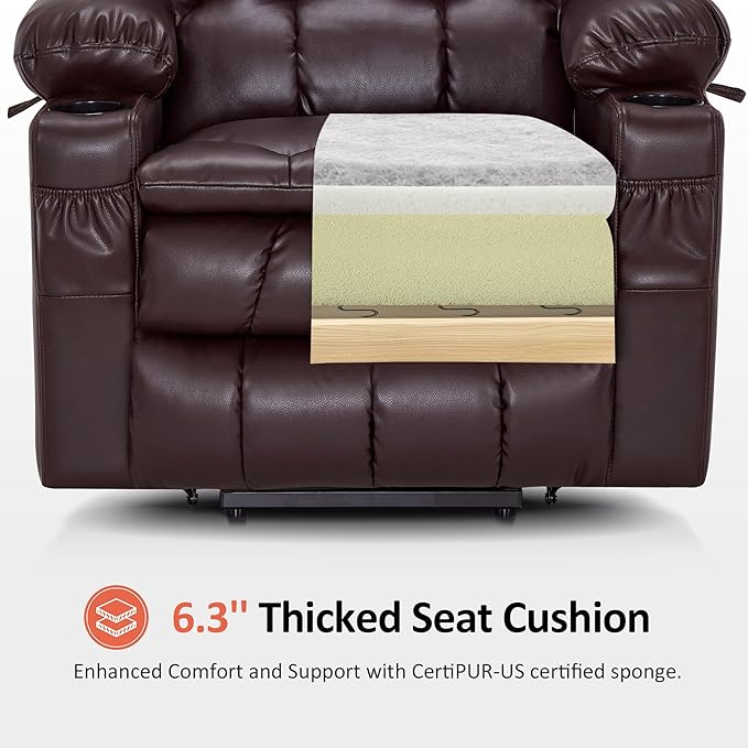 MCombo Dual Motor Power Lift Recliner Chair for Elderly, Lay Flat Lift Chair with Heat and Massage, Cup Holders, USB Ports, Faux Leather 7890 (Dark Brown, Medium)
