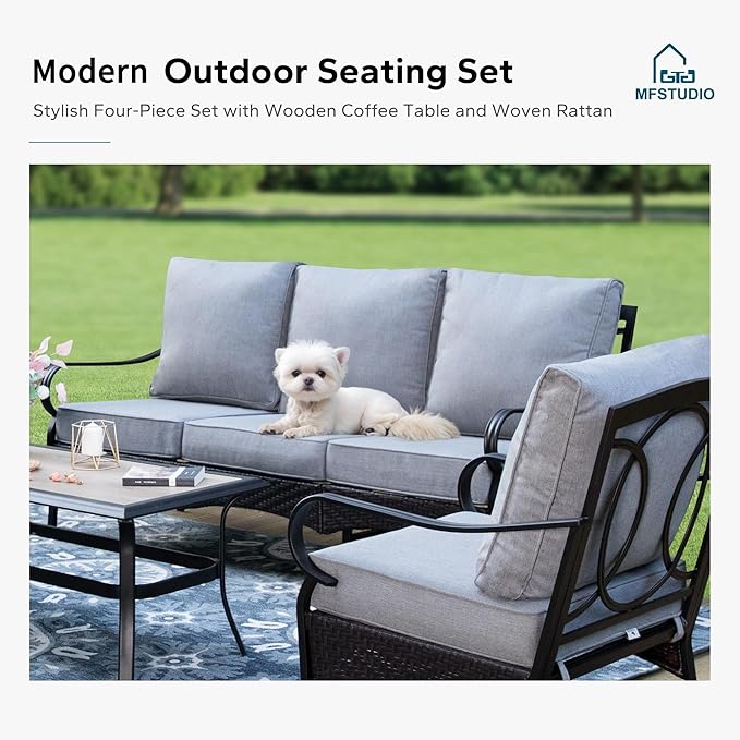 MFSTUDIO 4 Pieces Outdoor Patio Furniture Set, Metal Outdoor Conversation Set, Rattan Wicker Patio Sectional Sofa Set with 2 x Fixed Single Sofa, 3-Seat Sofa, 1 x Coffee Table, Grey