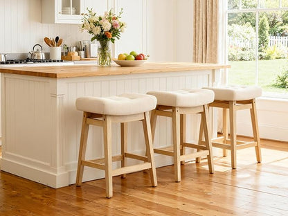 Counter Height Bar Stool for Kitchen Counter Modern Backless Barstool with Upholstered Fabric Seat and Solid Wood Leg Farmhouse 24 inch Bar Chair, Khaki + Wood Color, 1pc