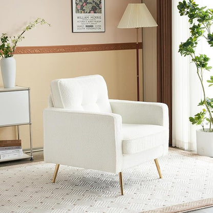 VINGLI Upholstered Living Room Chairs White Accent Chair Fluffy Teddy Fabric Mid Century Modern Sofa Chairs with Arms, Gold Legs for Reading, Bedroom, Waiting Room