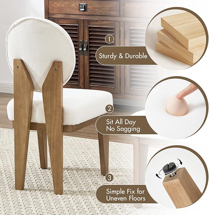 Mid-Century Modern Walnut Dining Chairs Set of 6, Vintage White Wooden Kitchen Chairs, Retro Upholstered Linen Cushioned Seat with Curved Backrest, Armless Accent Side Chair for Bedroom