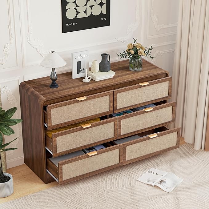 6 Drawer Dresser for Bedroom, 48" Wide Curved Wooden Dresser with Natural Linen & Metal Handle, Mid Century Modern Chest of Drawers Closet Clothes Storage Organizer for Living Room, Walnut