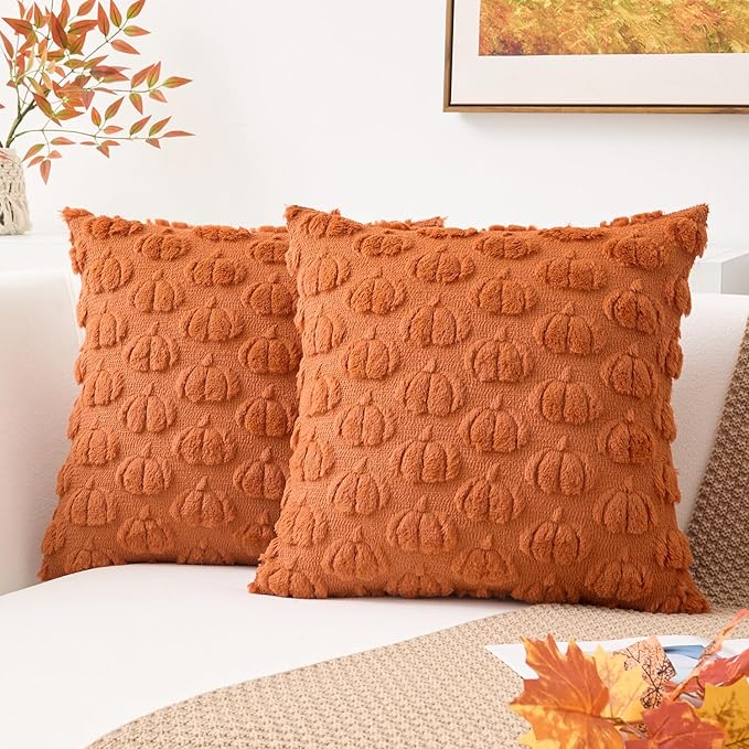Kevin Textile Fall Pumpkins Pillow Covers 18x18 Inch Set of 2 Cute Autumn Decorative Square Pillowcases Soft Faux Fur Cushions Harvest Gift for Couch Sofa Chair Bedroom Home Decor, Brown