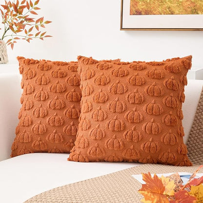 Kevin Textile Fall Pumpkins Pillow Covers 18x18 Inch Set of 2 Cute Autumn Decorative Square Pillowcases Soft Faux Fur Cushions Harvest Gift for Couch Sofa Chair Bedroom Home Decor, Brown