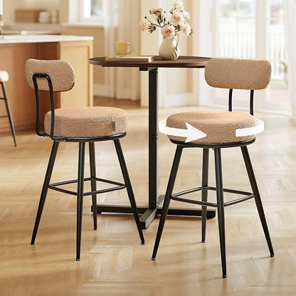 VASAGLE 360° Swivel Bar Stools Set of 2, Counter Height Bar Stools with Back, Boucle Fabric, Contemporary Modern, 25.4 Inch Tall, Kitchen and Home Bar, Camel Brown ULBC130K01V1