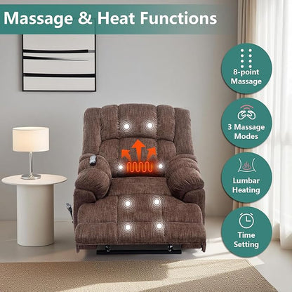 Power Lift Recliner Chair for Elderly, Oversized Chenille Electric Recliners Chairs for Living Room, Dual Motor 180° Lay Flat Recliner Big Sofa with Massage and Heating, Heavy-Duty, Brown