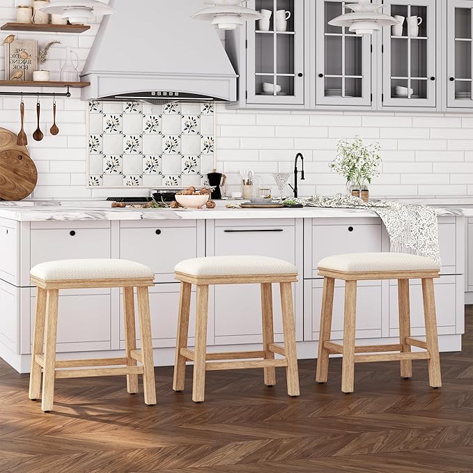 ALPHA HOME 24 Inch Barstools Set of 3, Solid Wood Kitchen Stools with PU Leather Cushion Counter Height Bar Stools for Indoor, White Seat and Wooden Legs, 3PCS
