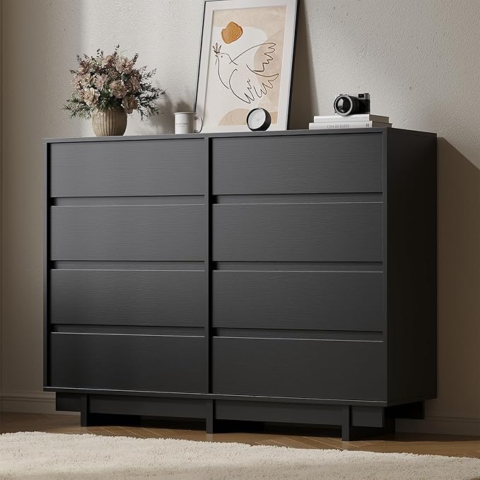 Black Dresser for Bedroom, 53.1" Wide 8 Drawer Dresser, Mid Century Modern Dressers Chest of Drawers, Wooden Large Dressers for Bedroom, Closet