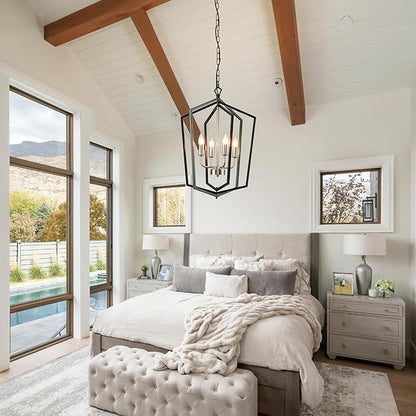 4-Light Farmhouse Chandelier for Dining Room, Modern Foyer Lighting Fixture, 18.1" Lantern Pendant Light, Kitchen Island Hanging Pendant Light Fixture, for Bedroom, Entryway Hallway