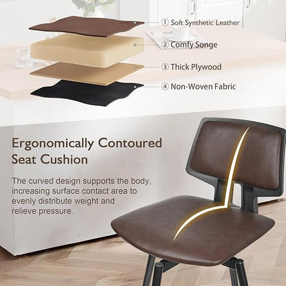 VECELO Swivel Leather Bar Stools Set of 2, Counter Height Barstools with Back, Metal Legs, 35.2-Inch Tall Barstools for Kitchen Island, Home Bar, Cafe, Brown